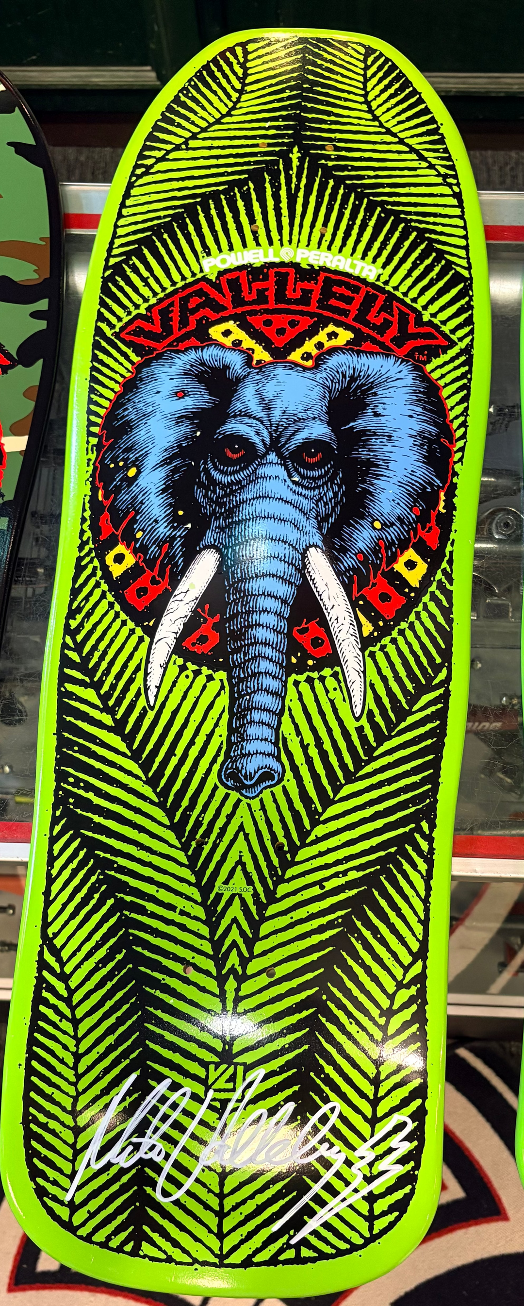 Two skateboard decks with elephant designs and vibrant colors on a display.