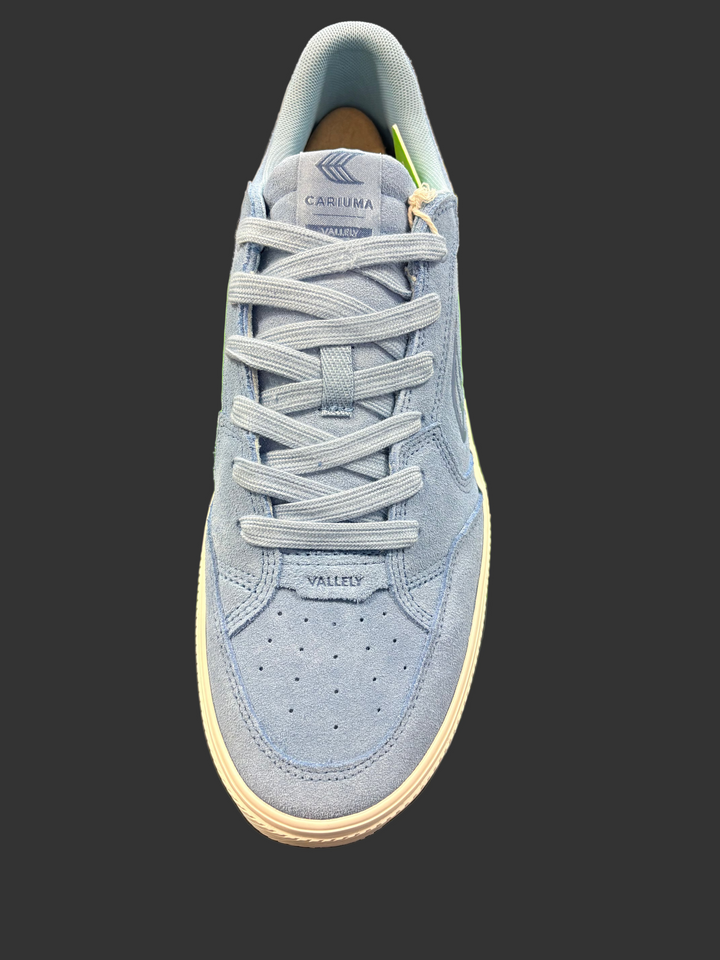Blue sneaker with a visible brand logo on a dark surface with a green box in the background.