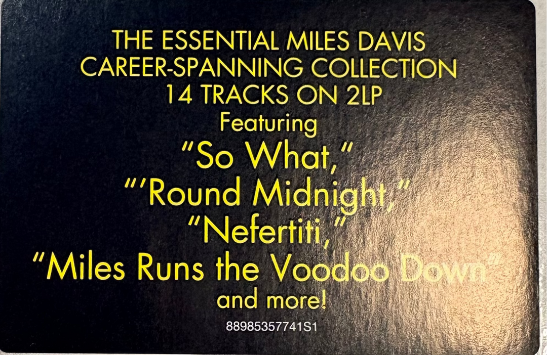 Album cover with text overlay featuring Miles Davis music collection