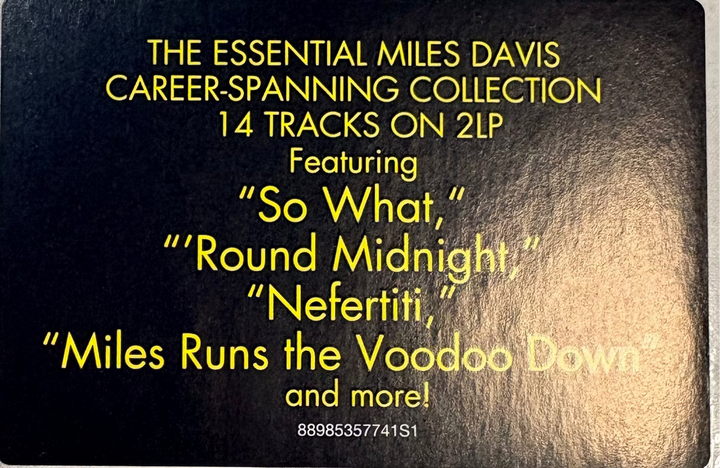 Album cover with text overlay featuring Miles Davis music collection