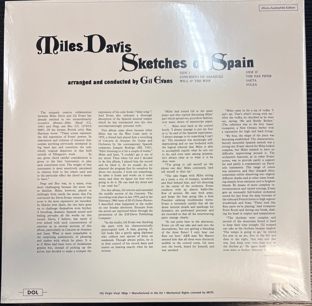 Back cover of Miles Davis' 'Sketches of Spain' album with text and logo.