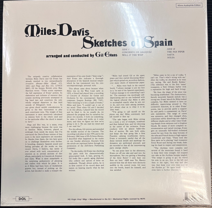 Back cover of Miles Davis' 'Sketches of Spain' album with text and logo.