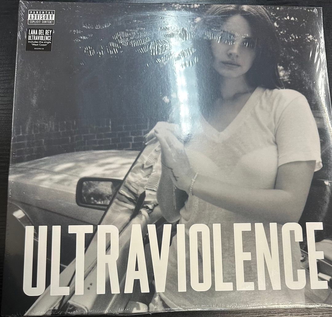 LP vinyl record album cover for Lana Del Rey's Ultraviolence featuring a black and white photo of the artist.