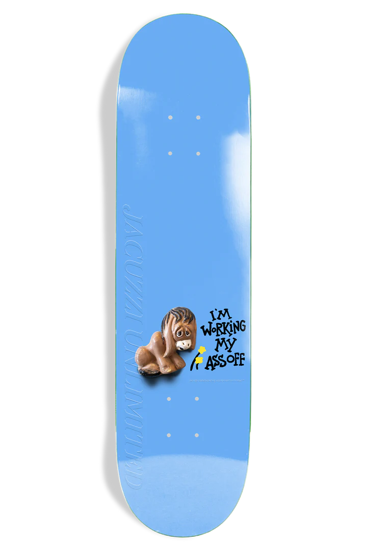 Blue skateboard deck with a lion graphic and text on a white background