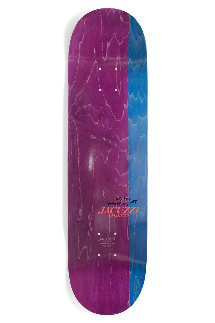 Purple and blue skateboard deck with 'Jacuzzi' branding on a white background