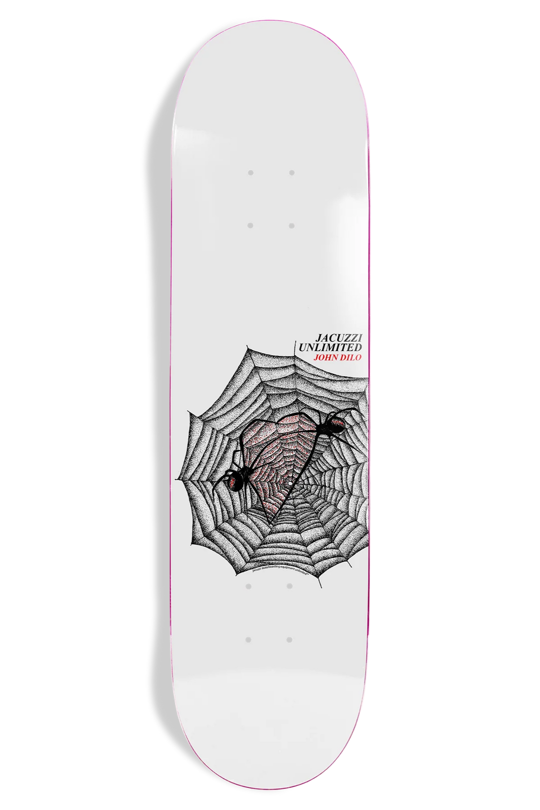 Skateboard deck with a spider web design and 'Jacuzzee Unlimited' branding on a white background