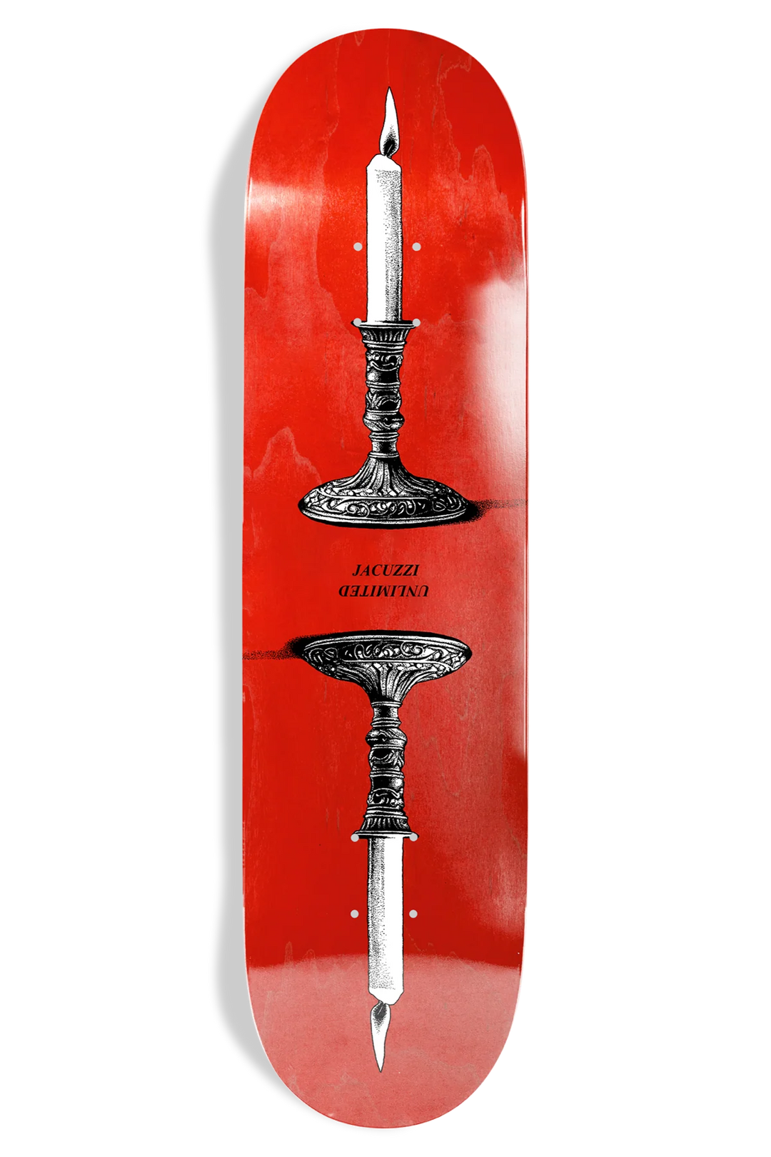 Skateboard deck with a design of a candle and candlestick on a red background