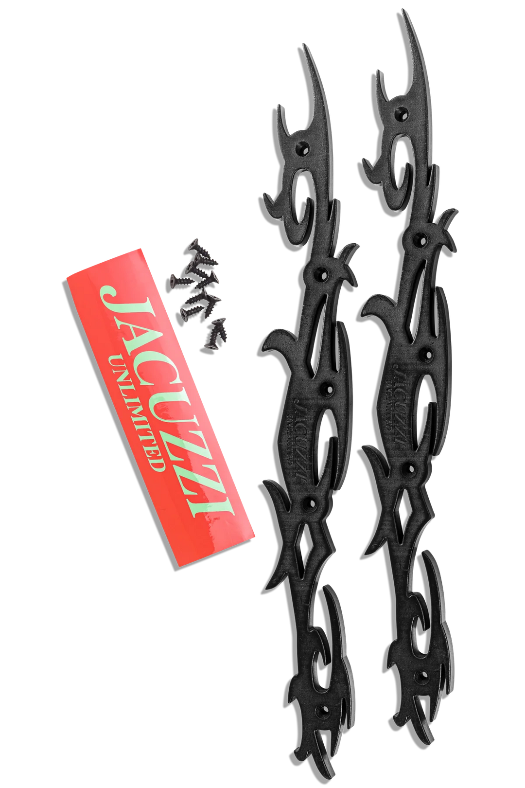 Two black tribal-style decorative pieces with a Jacuzzi Unlimited logo on a white background.