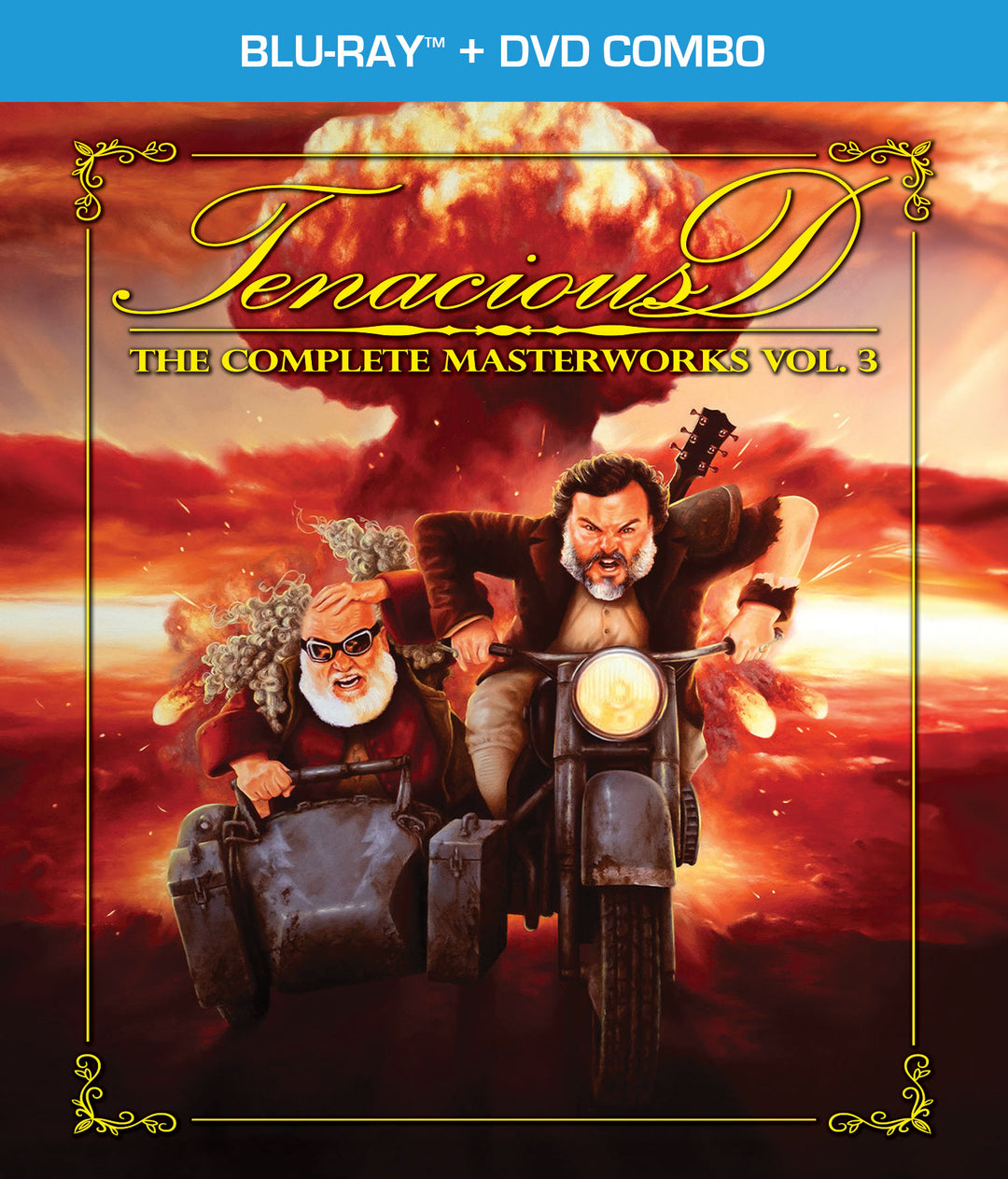 Tenacious D - The Complete Masterworks Vol. 3 Blu-ray and DVD combo cover of 'Tenacious D' with two characters on a motorcycle against a fiery background.