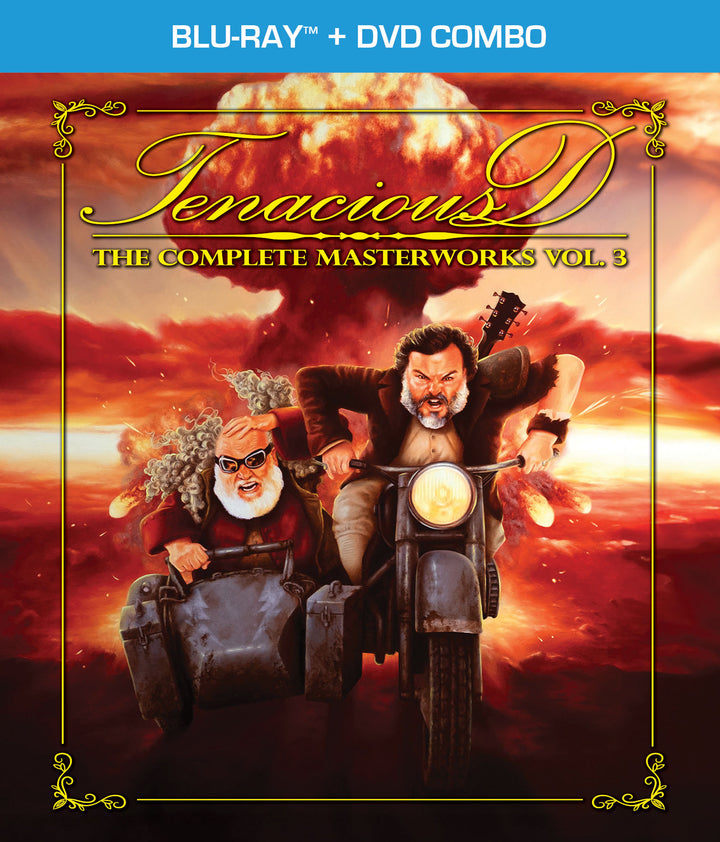 Tenacious D - The Complete Masterworks Vol. 3 Blu-ray and DVD combo cover of 'Tenacious D' with two characters on a motorcycle against a fiery background.