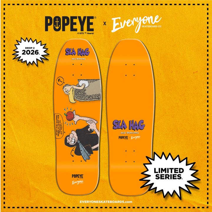 *Pre-Order* Everyone Skateboards Co x Popeye Comics SEA HAG RIPE TOMATO 9.5" Skateboard Deck