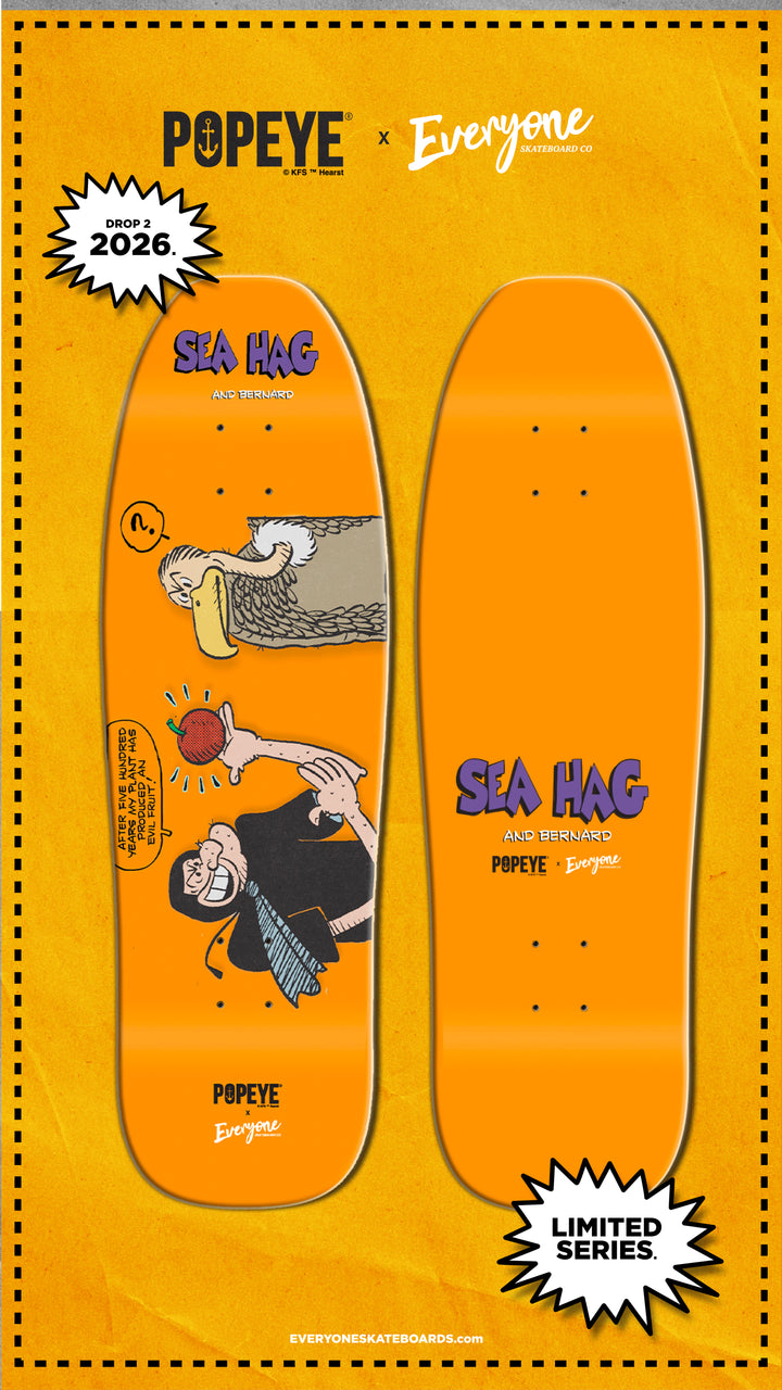 *Pre-Order* Everyone Skateboards Co x Popeye Comics SEA HAG RIPE TOMATO 9.5" Skateboard Deck