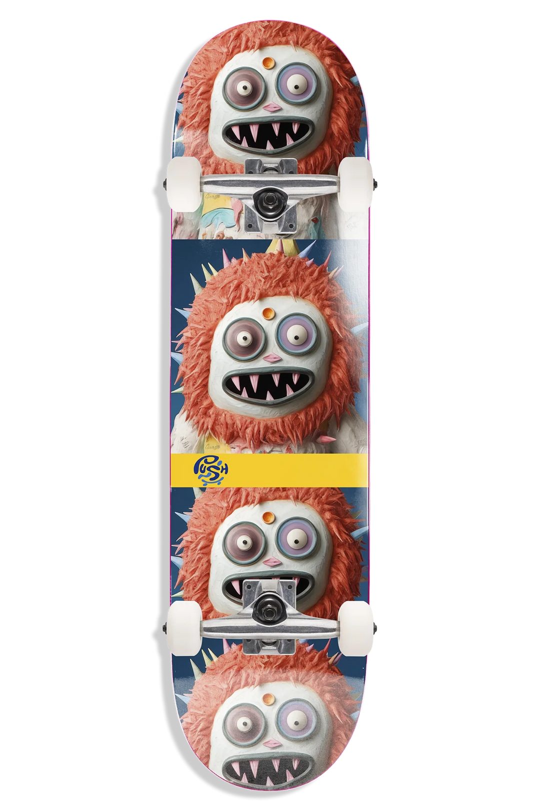 Skateboard with a colorful monster design on a white background