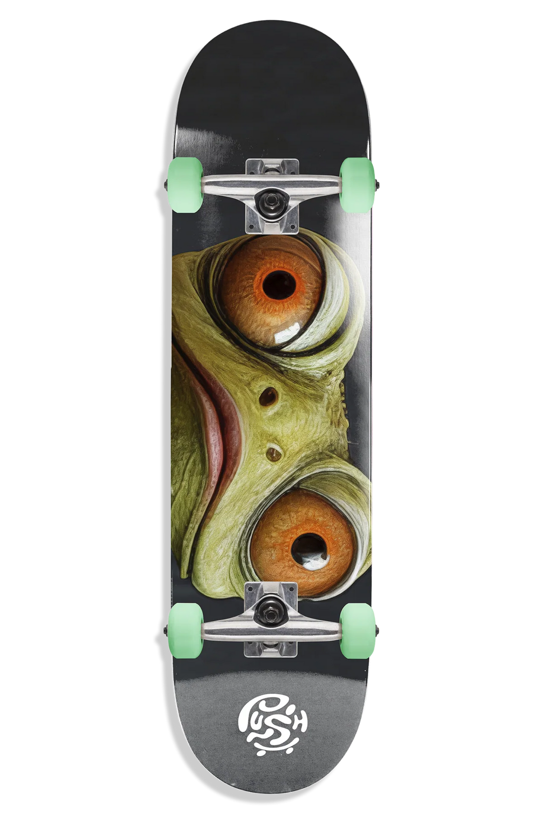 Skateboard with a unique design on the deck featuring a stylized eye.