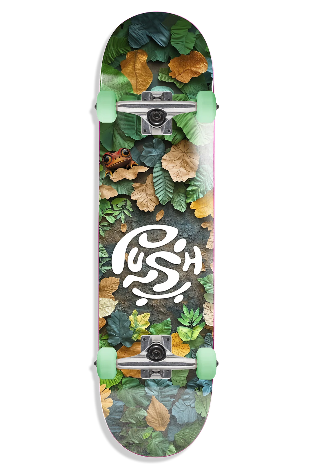 Skateboard with leaf pattern and logo on a white background