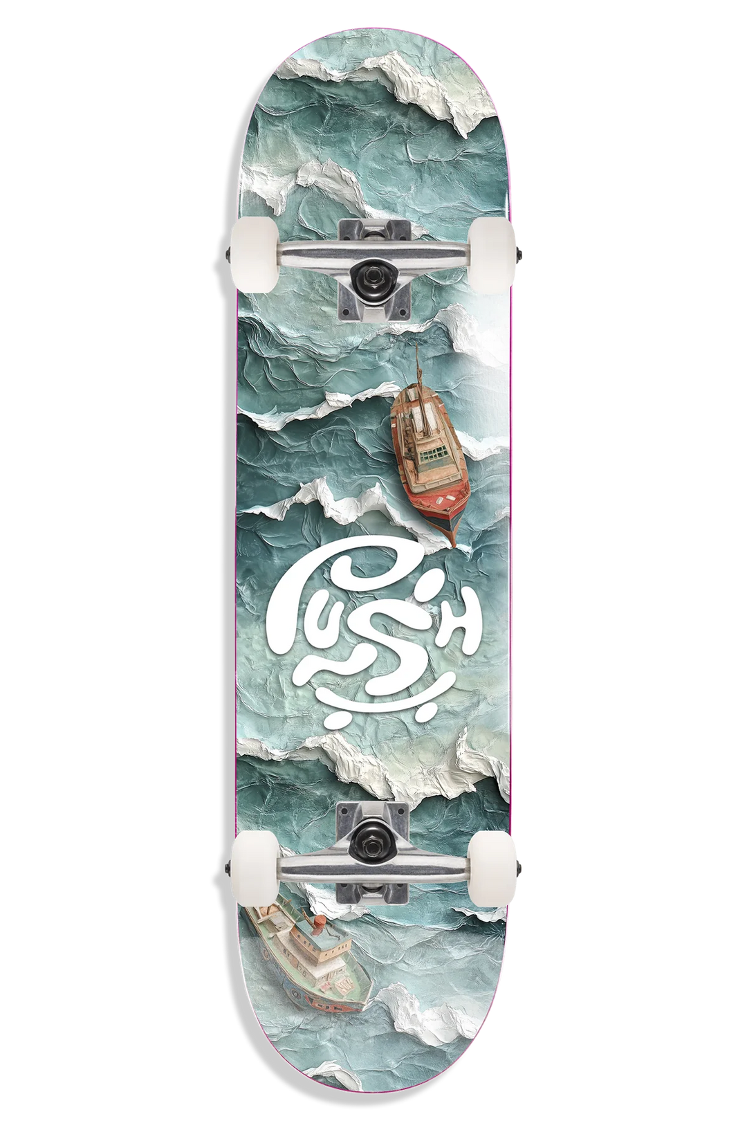 Skateboard with a design of a boat on water, featuring a logo in the center.