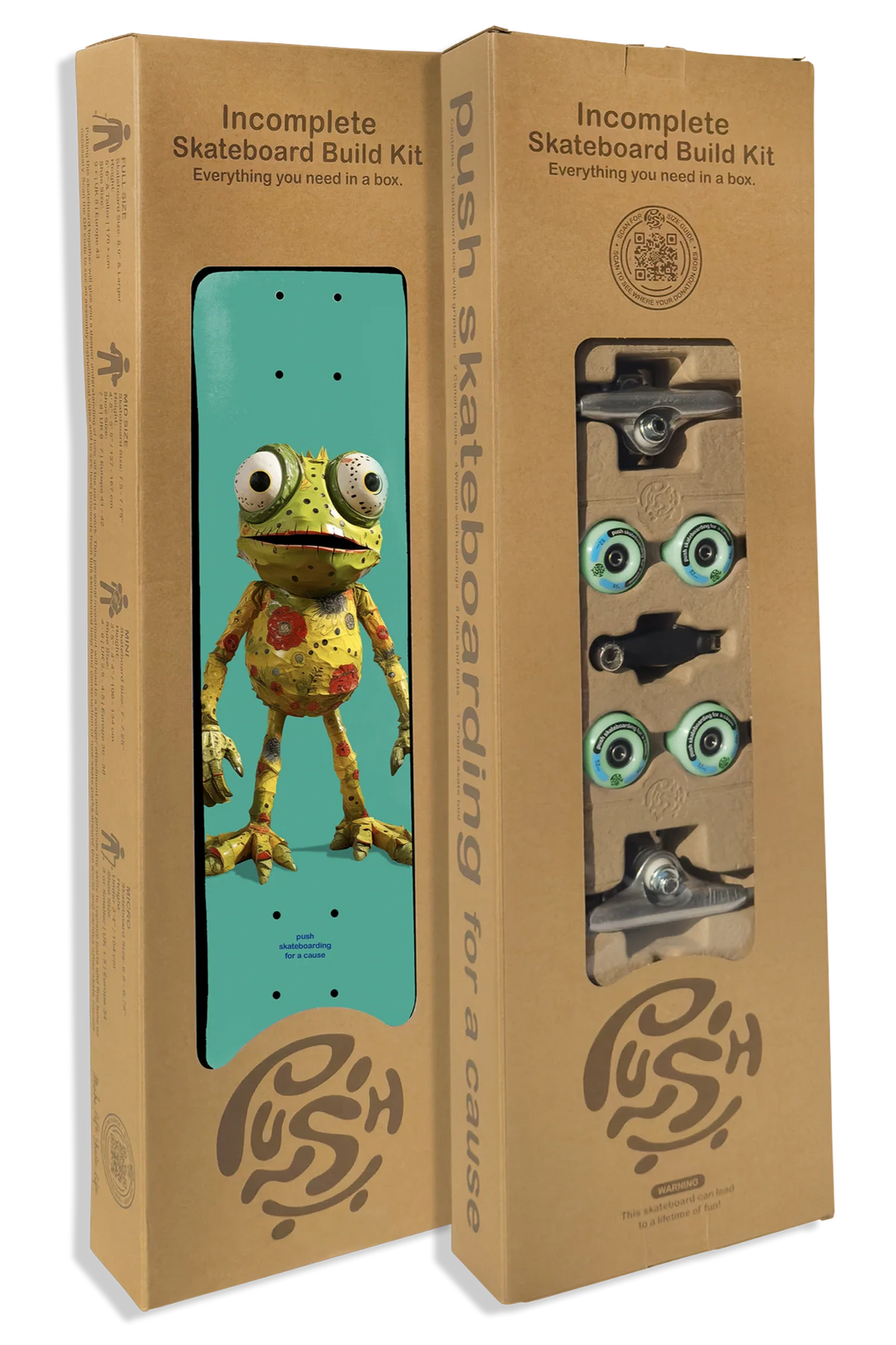 Two cardboard boxes of an incomplete skateboard build kit with a frog graphic on one and skateboard parts on the other.