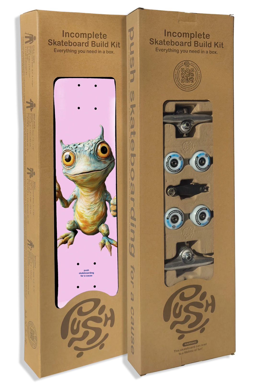 Skateboard build kit packaging with a cartoon lizard illustration on a pink background.