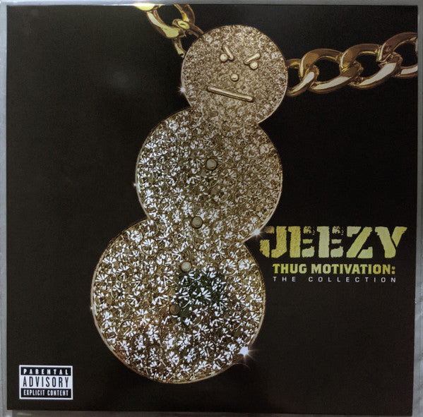 Jeezy Thug Motivation LP cover, Gold chain with a face pendant on a black background, featuring the text 'Geezy Thug Motivation: The Collection' and a parental advisory label.