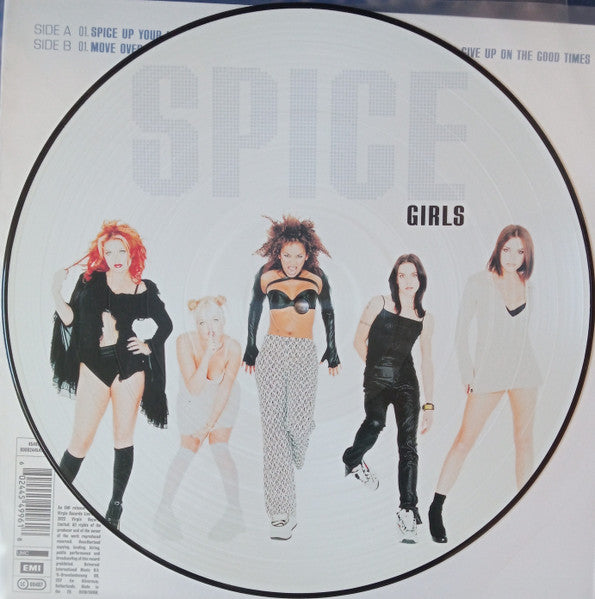 Vinyl record cover with four women in a circle design and 'Spice Girls' branding.