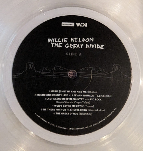 Vinyl record label for 'The Great Divide' by Willie Nelson on a clear vinyl disc.