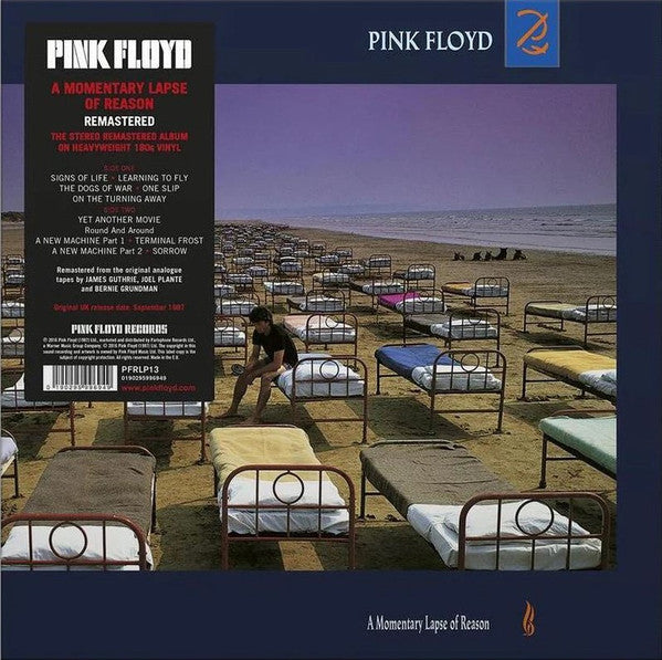 Album cover for 'A Momentary Lapse of Reason' by Pink Floyd with beds on a beach.