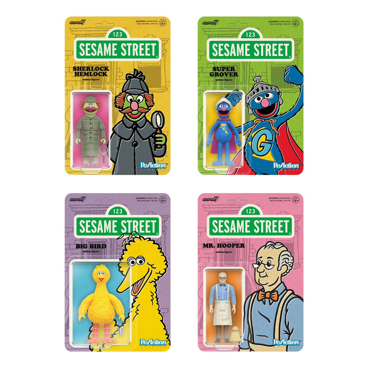 Super7 x SESAME STREET - SUPER GROVER, SHERLOCK HEMLOCK, MR. HOOPER, BIG BIRD ReAction Figures