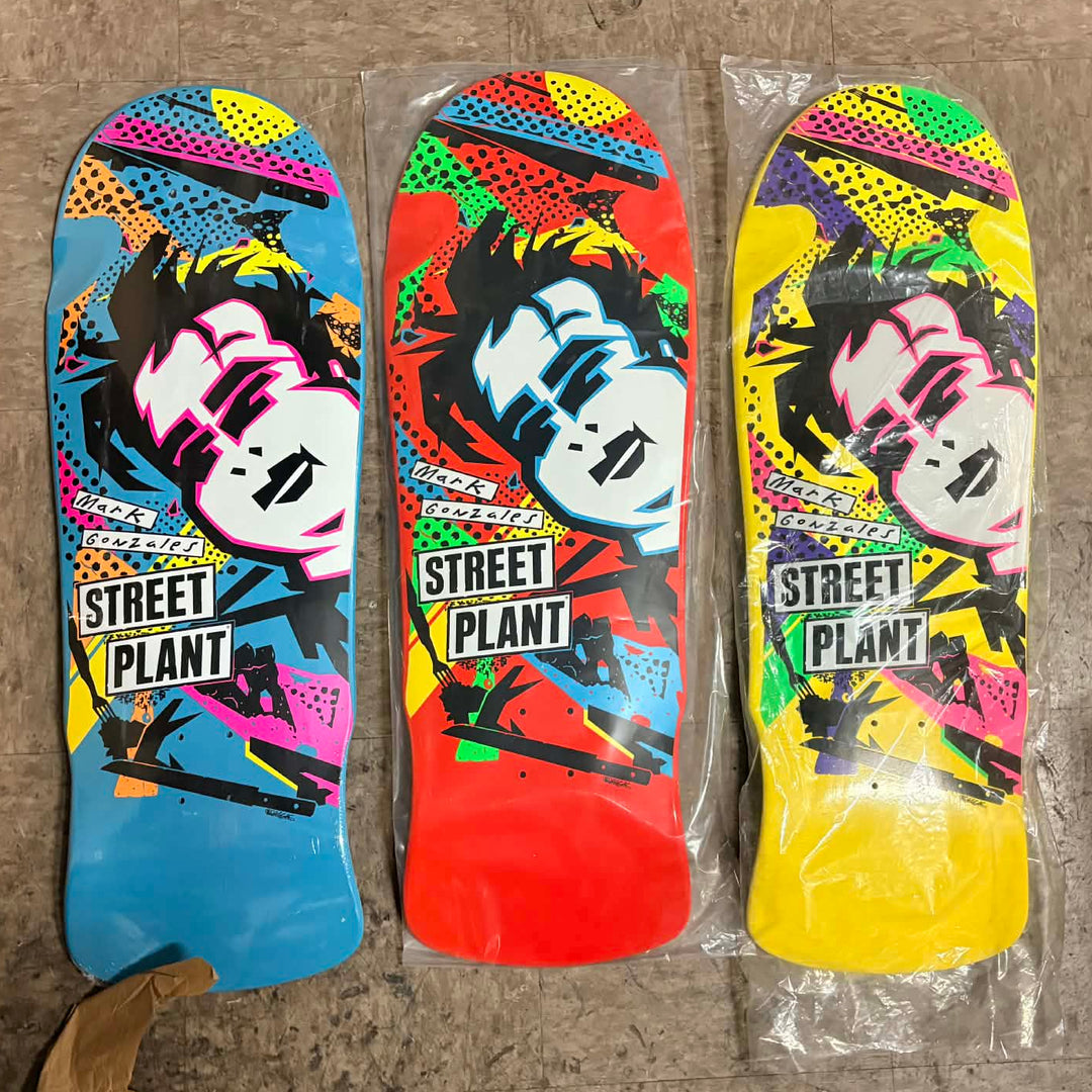 Three Street Plant Fat Mark Gonzales skateboard decks with a cartoon character design.