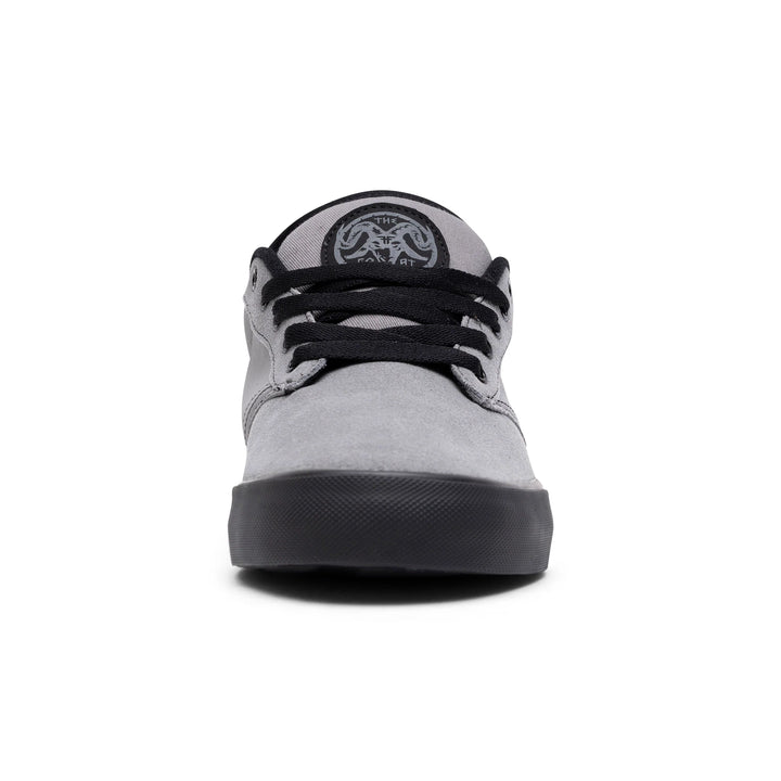 Gray and black sneaker with a logo on a white background