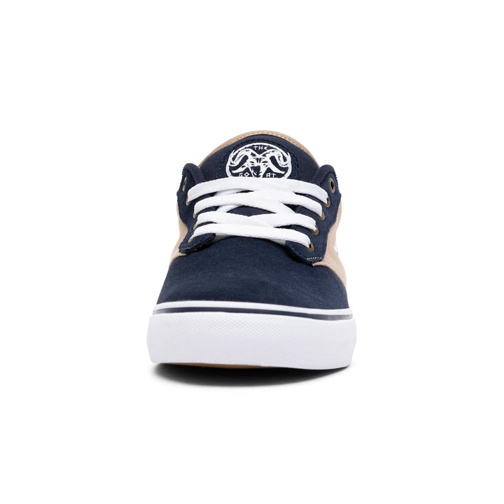 Navy blue sneaker with white laces on a white background
