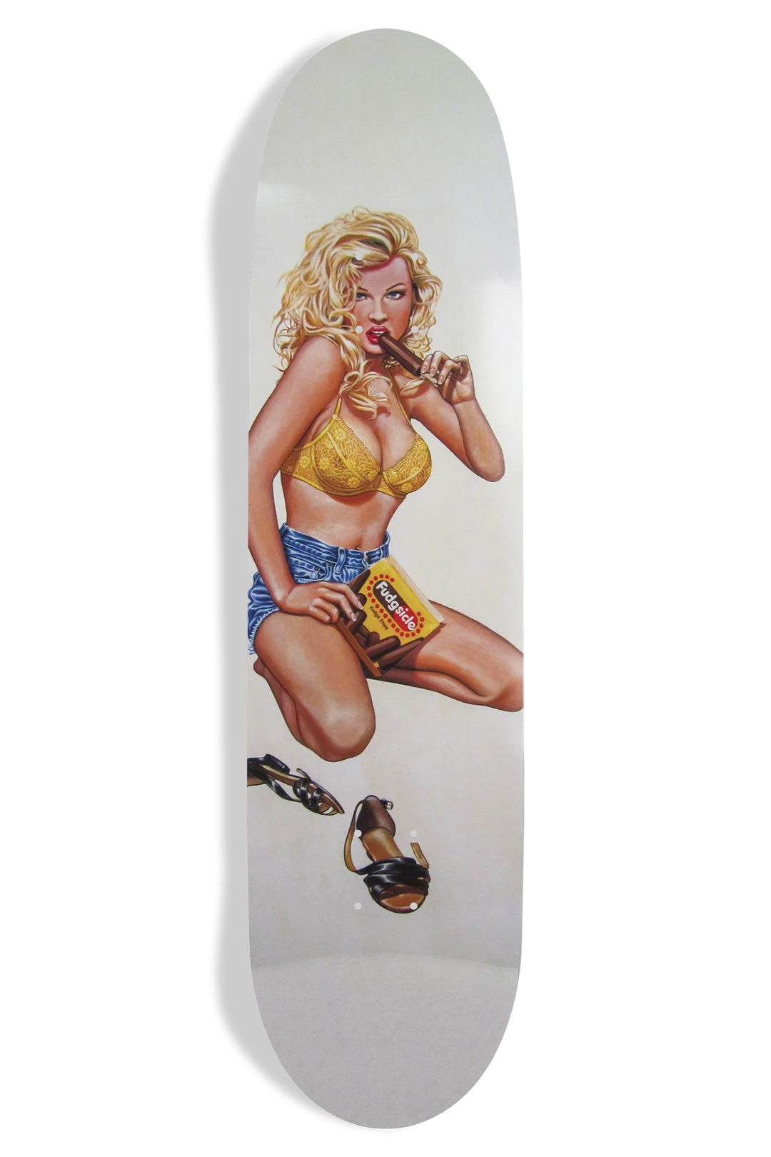 Skateboard deck with a graphic of a woman in a yellow bikini holding a can of Pringles.