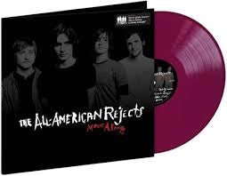 The All American Rejects 'We're All Alone' vinyl record album with its black illustrated sleeve and a translucent magenta-pink record partially visible.