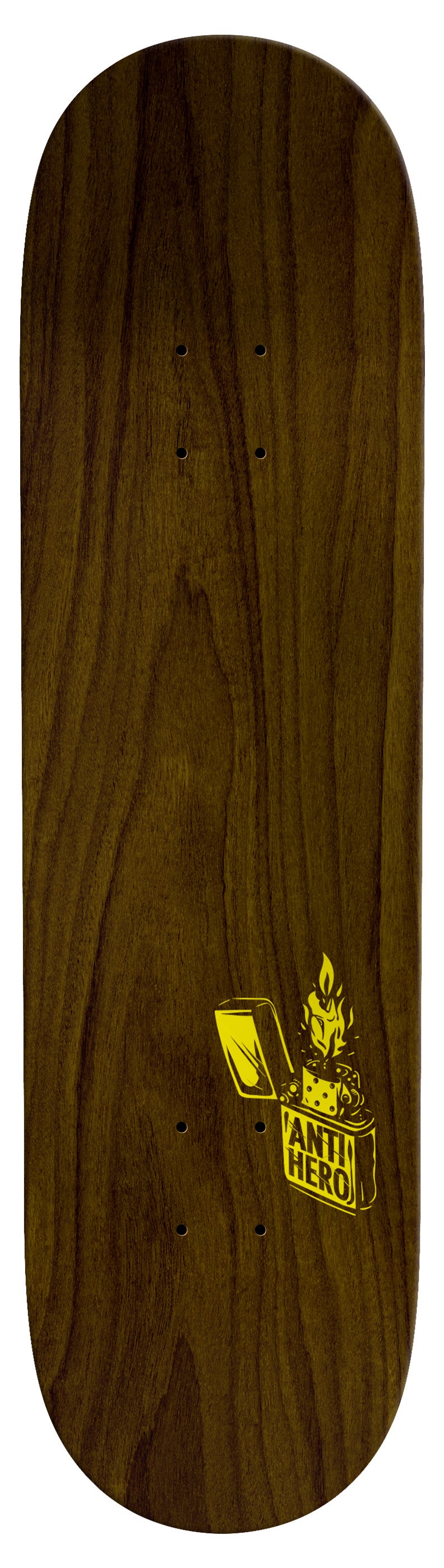 Top view of John Cardiel Fueled Up deck with brown wood stain and yellow lighter graphic