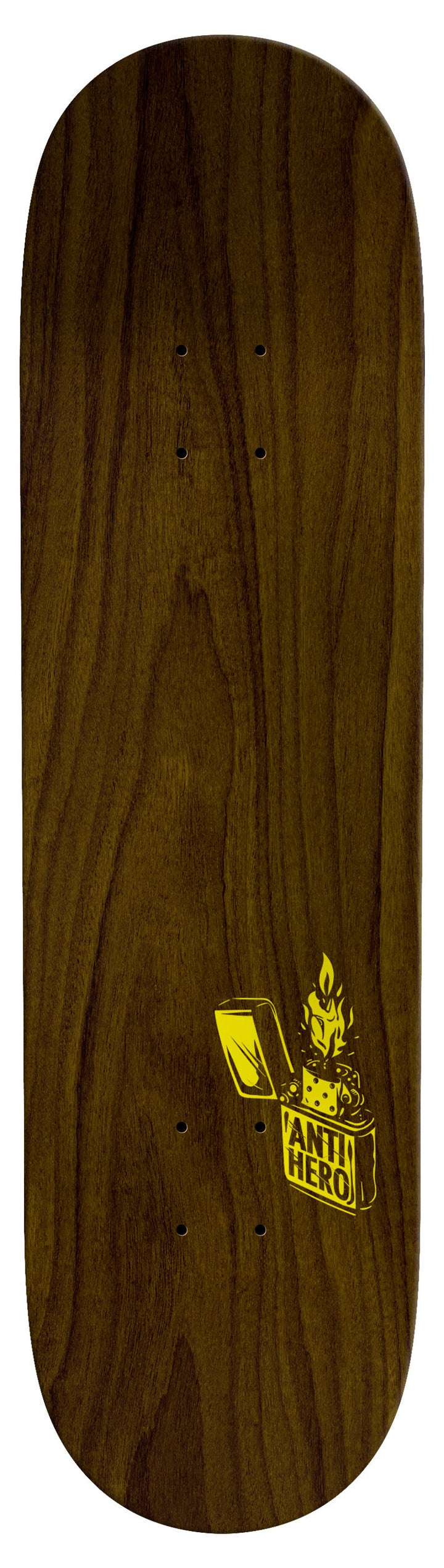 Top view of John Cardiel Fueled Up deck with brown wood stain and yellow lighter graphic