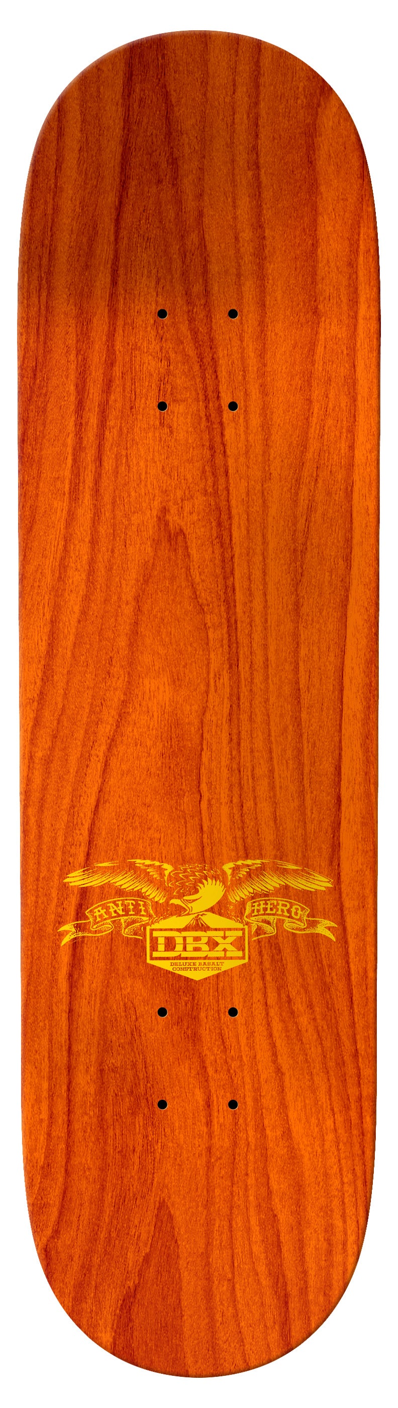Top view of Grant Taylor Maka Lassi DBX deck with orange wood stain and gold Anti-Hero DBX eagle logo