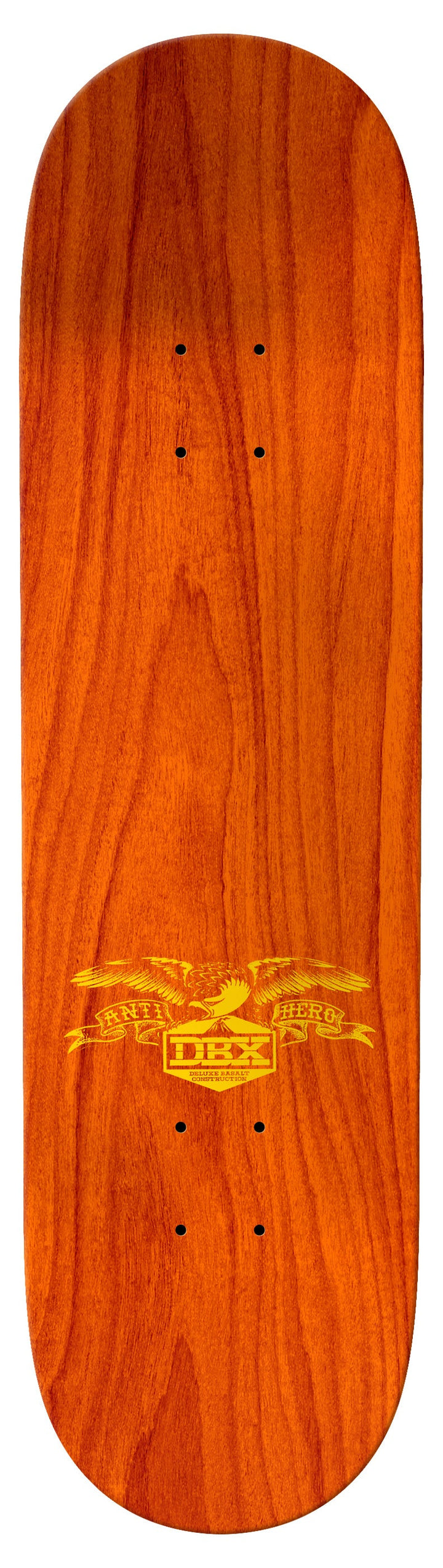 Top view of Grant Taylor Maka Lassi DBX deck with orange wood stain and gold Anti-Hero DBX eagle logo