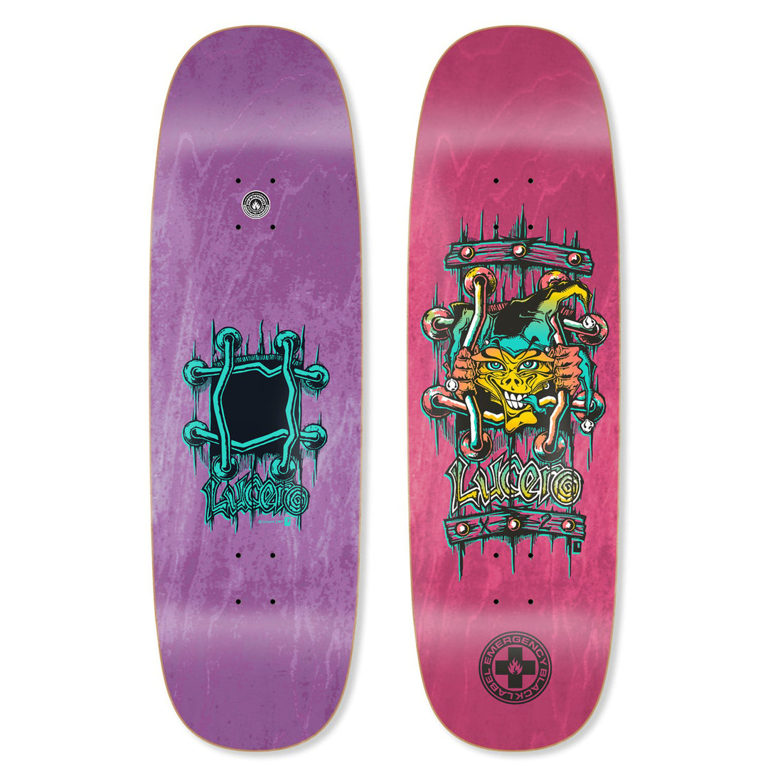 Black Label John Lucero X2 9.5-inch Tugboat deck, manufacturer graphic and purple-stained top views