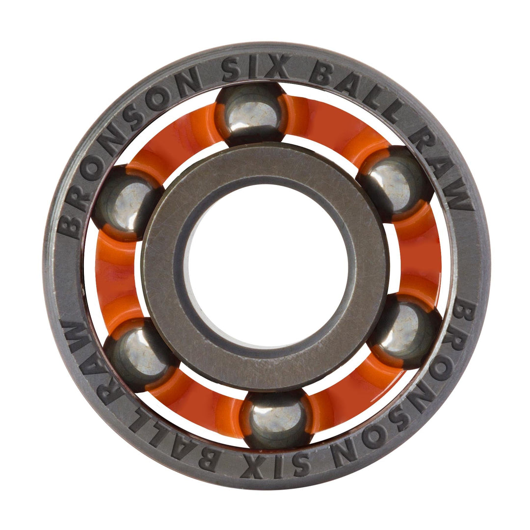 Front of a Bronson Six Ball RAW bearing showing six steel balls and an orange cage.