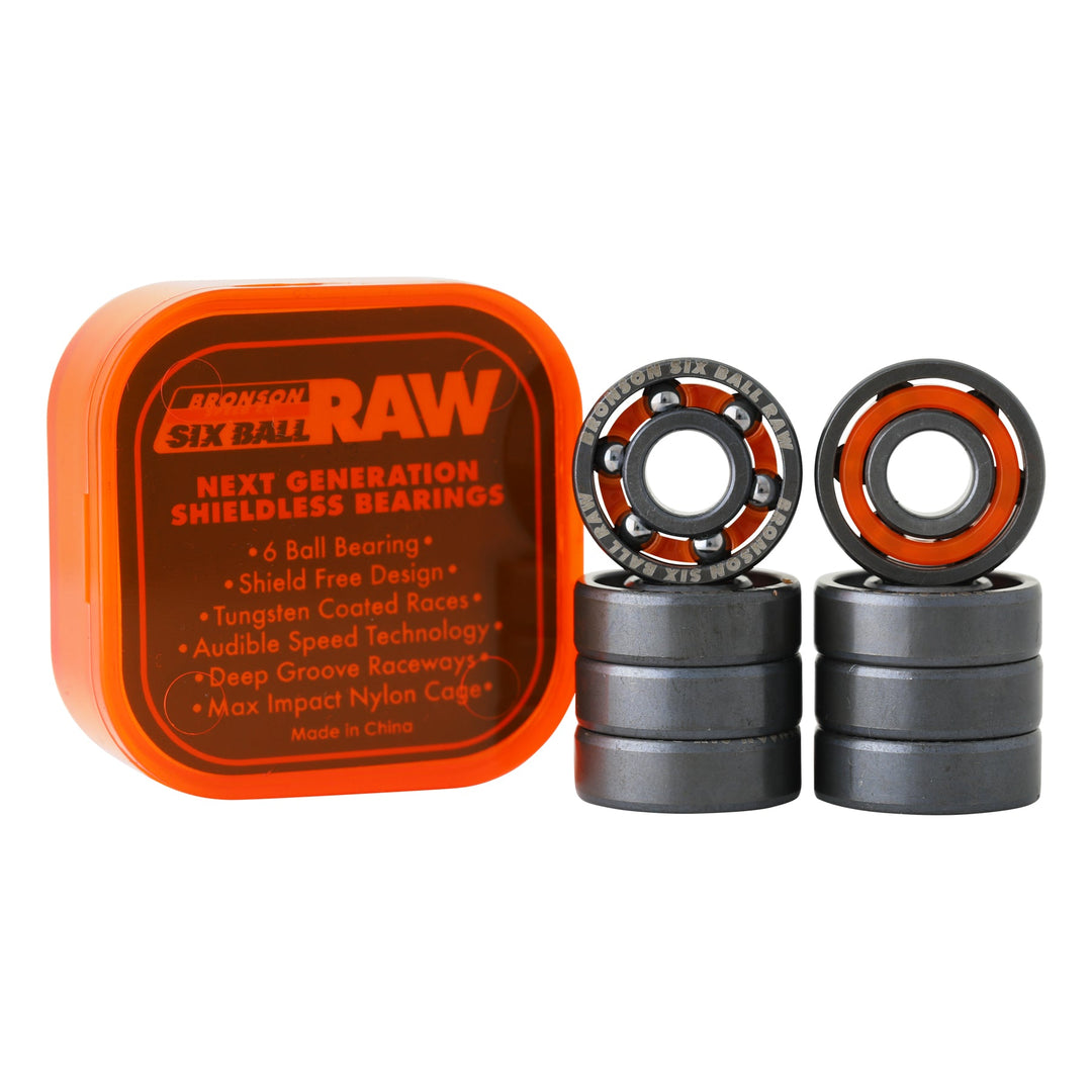 Bronson Six Ball RAW bearing set with orange packaging and exposed six-ball construction.