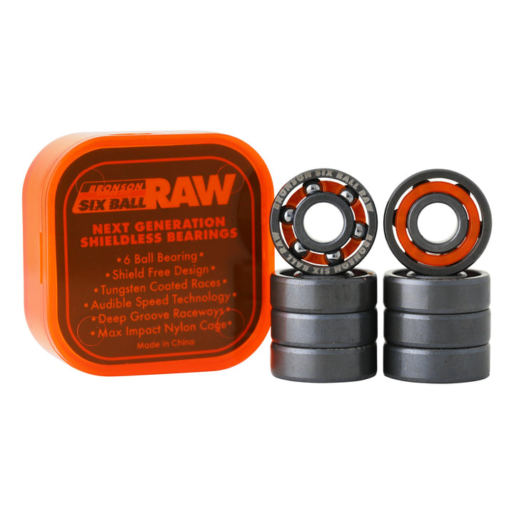 Bronson Six Ball RAW bearing set with orange packaging and exposed six-ball construction.