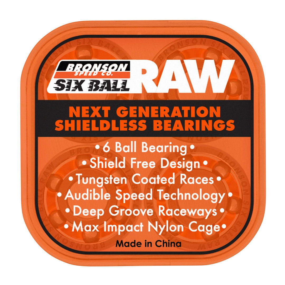 Orange Bronson Six Ball RAW package listing its shieldless design and tungsten-coated races.