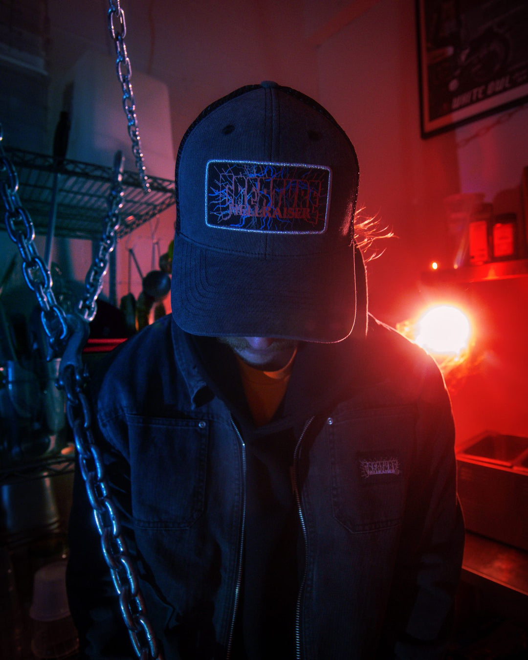 Creature Hellraiser structured denim snapback trucker hat, worn