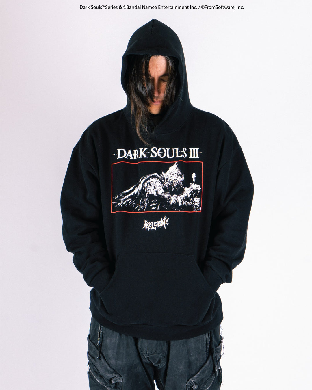 Welcome X Dark Souls Cinder Pullover Hoodie on model