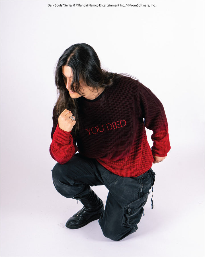 Welcome X Dark Souls You Died Knit Sweater on model