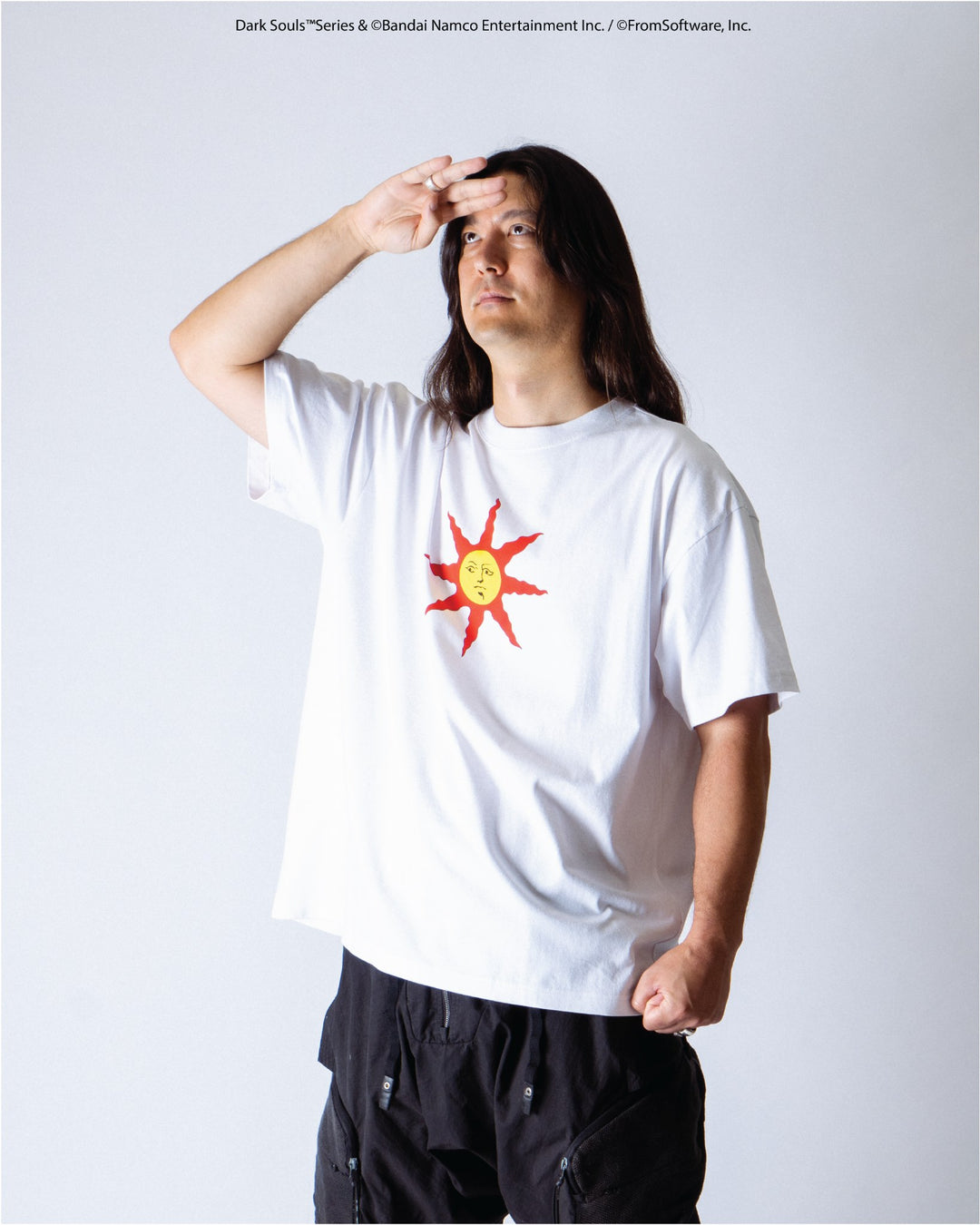 Welcome X Dark Souls Solaire T-Shirt on model, front