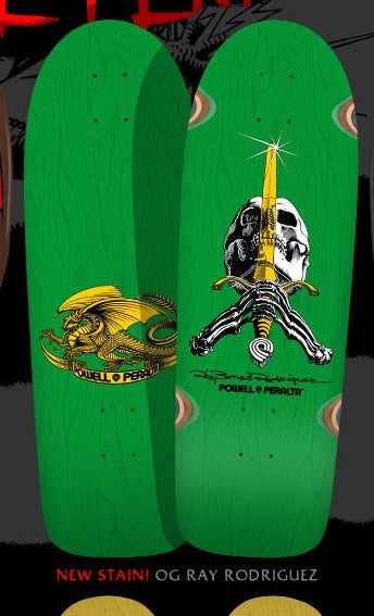 Powell Peralta Rodriguez Skull and Sword OG Green Stain 10" Skateboard Deck