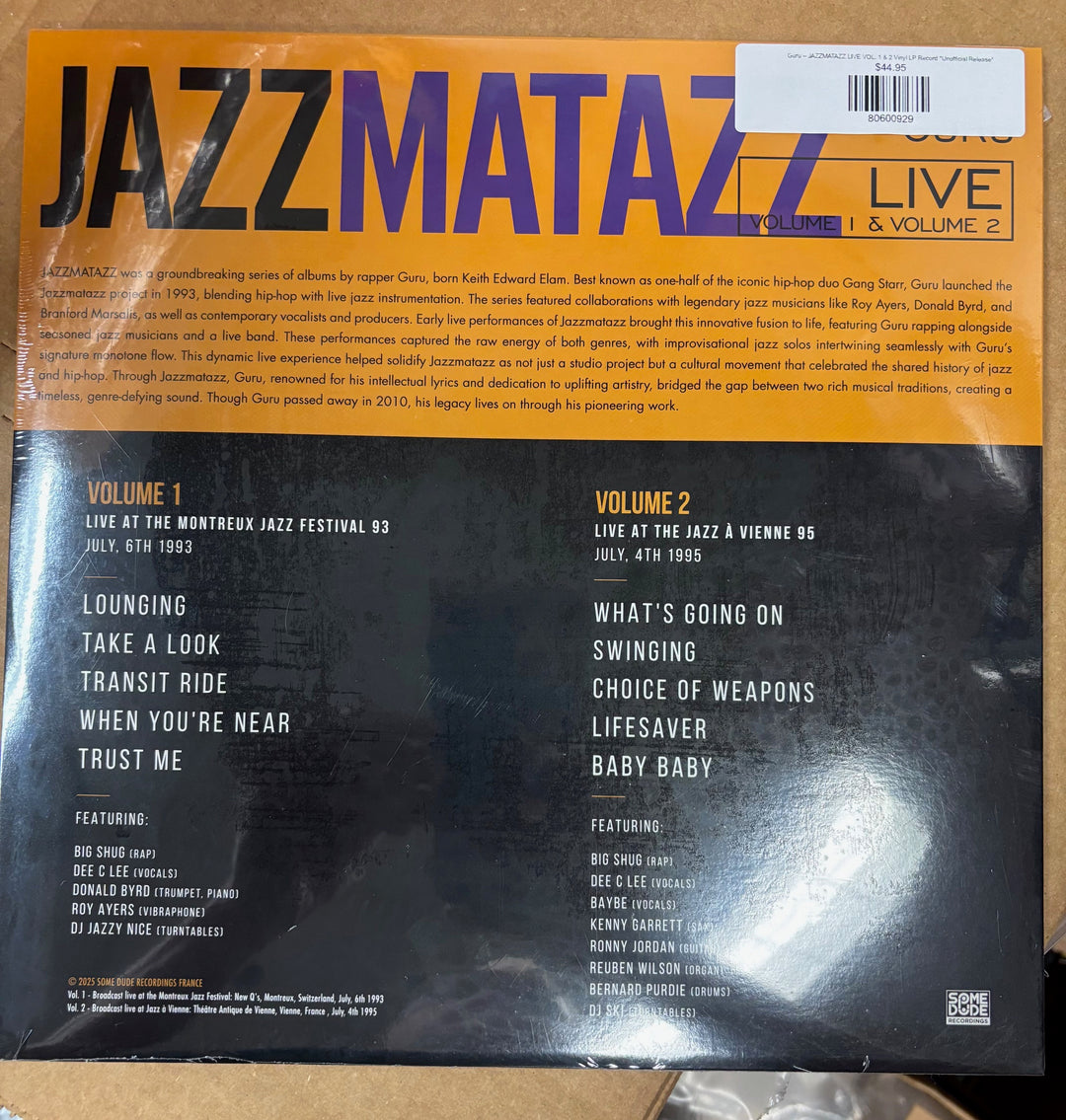 Back cover of a vinyl record with 'Jazzmatazz' branding and tracklist.
