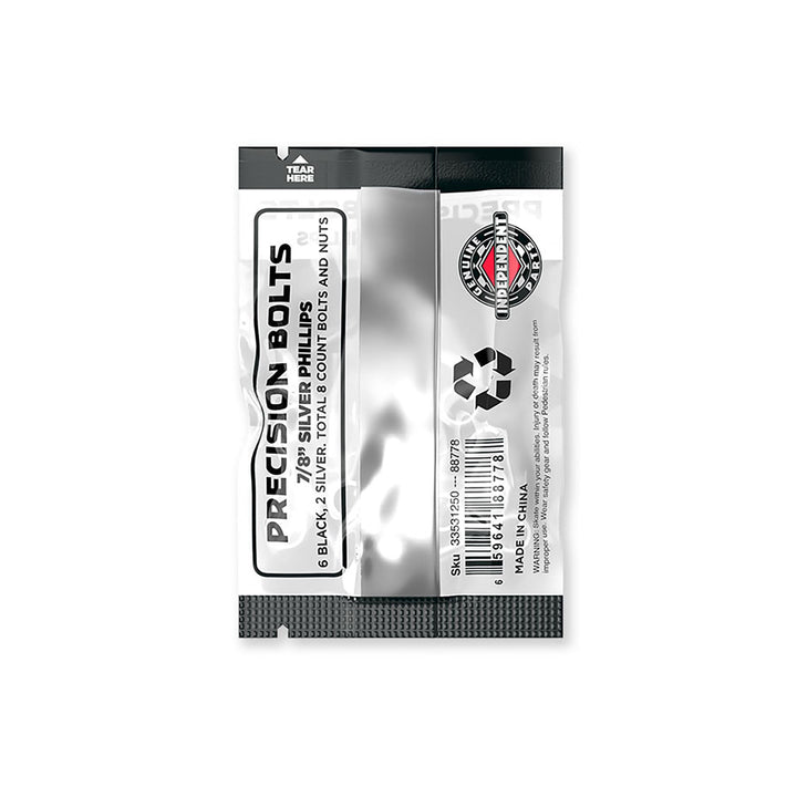 Back of Independent 7/8-inch Phillips hardware packaging labeled six black and two silver bolts, with eight bolts and nuts.