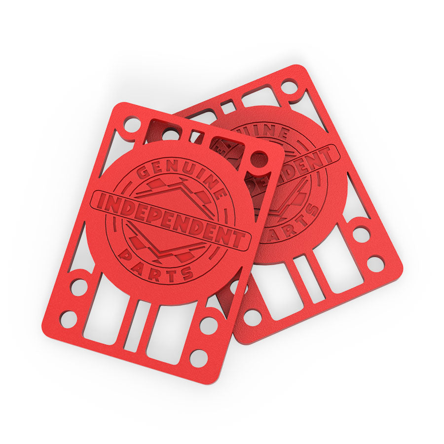 Two red Independent Genuine Parts 1/8-inch riser pads shown overlapping to display the cutout design