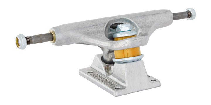 Rear three-quarter view of an Independent Legacy OGBC Stage 11 truck showing orange bushings, silver kingpin hardware and baseplate.